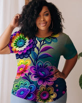 Colorful Floral Print Casual Oversized Women's Short Sleeved T-shirt